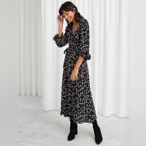 & Other Stories Petal Floral Midi Wrap Dress Black White Womens Size 2